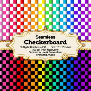 Checkerboard Seamless Digital Paper: bright rainbow checkerboard digital paper black white checkered pattern square checkerboard background