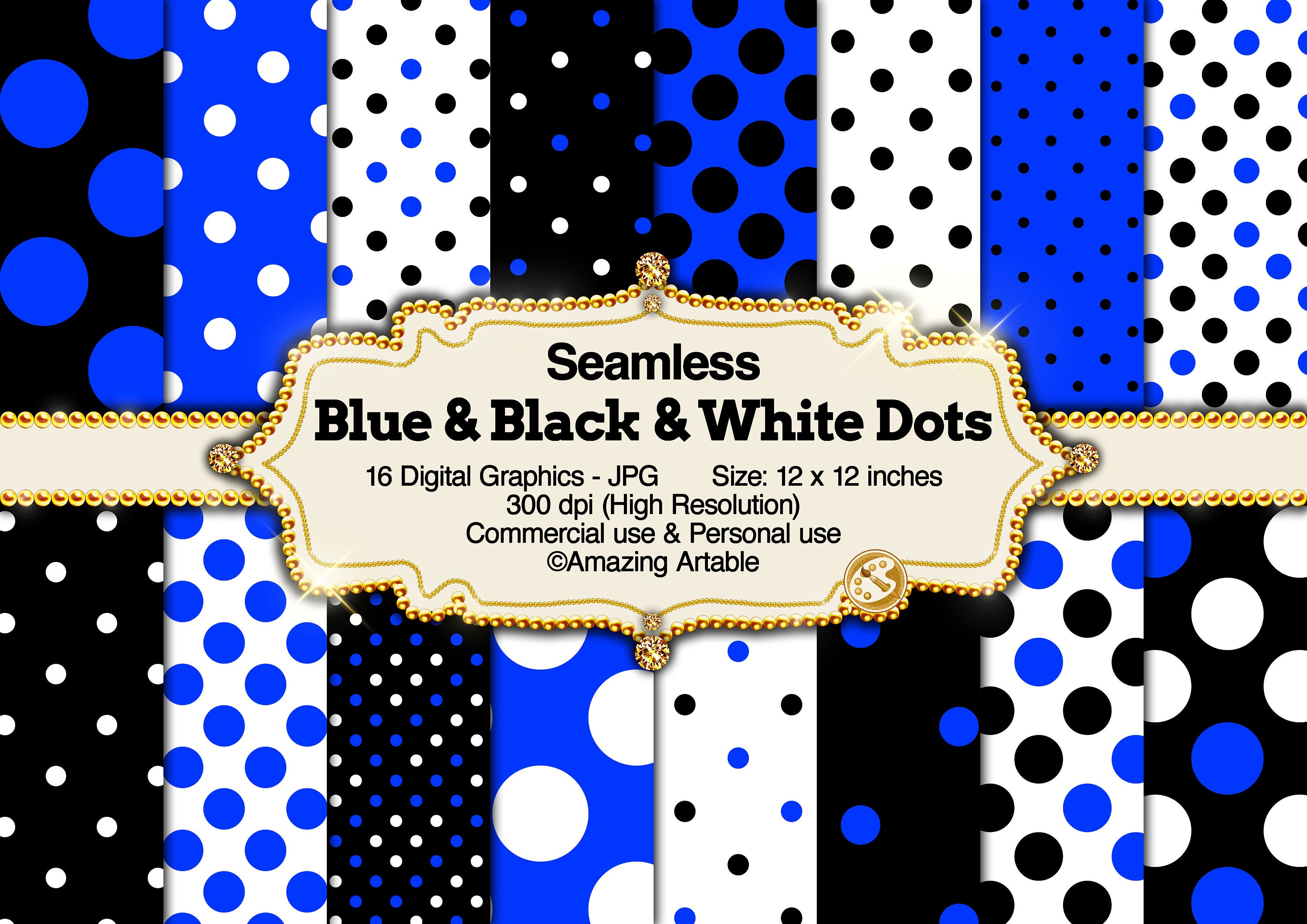 Blue & Black Dots Seamless Digital Paper: Classic Polka Dot