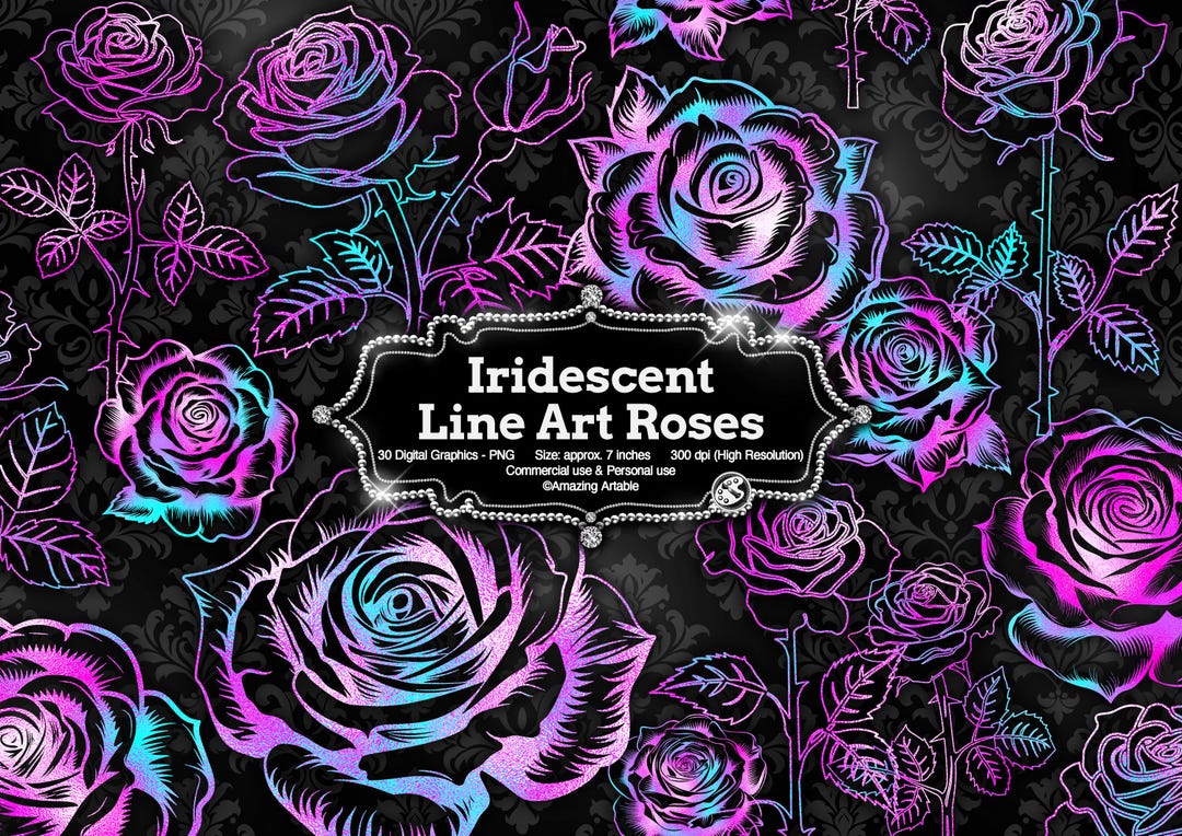Iridescent Line Art Roses Clipart: Pink and Blue Roses Clip Art ...