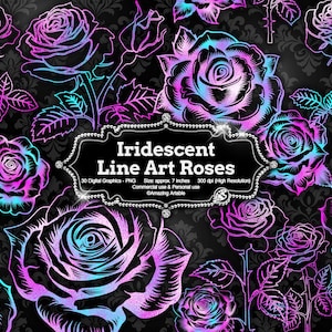 Iridescent Line Art Roses Clipart: pink and blue roses clip art romantic line art rose overlay digital floral sticker holographic flower png