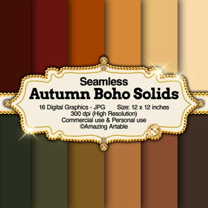 Puede incluir: Una colección de 16 gráficos digitales sin costuras en colores sólidos de otoño, incluyendo tonos marrones, beige, crema y verde oscuro. La etiqueta central dice Seamless Autumn Boho Solids, 16 Digital Graphics - JPG, Tamaño: 30,48 x 30,48 cm, 300 dpi.