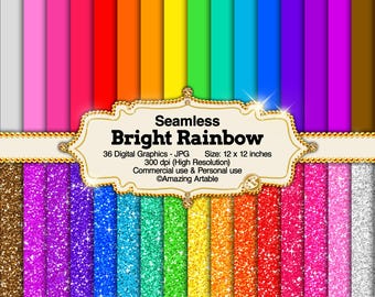 Könnte beinhalten: Eine Sammlung von 36 digitalen Grafiken mit nahtlosen, hellen Regenbogenmustern. Das Set enthält Volltonfarben und Glitzertexturen in verschiedenen Farbtönen, präsentiert mit einem zentralen Etikett mit der Aufschrift Seamless Bright Rainbow, 36 Digital Graphics - JPG, Größe: 30,48 x 30,48 cm, 300 dpi, sowie Informationen zur kommerziellen Nutzung.
