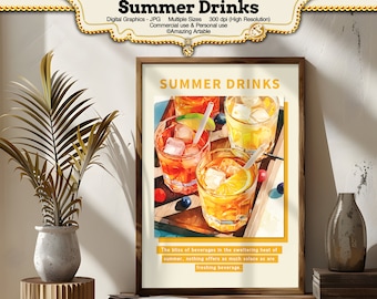 Summer Drinks Digital Print #6: kitchen wall print dining room digital poster lemon drink wall print printable watercolor instant download