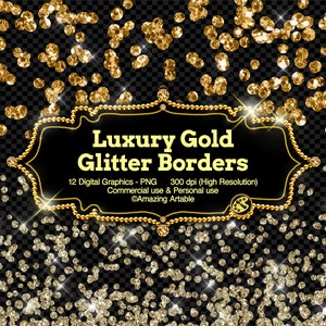 高級ゴールドグリッターボーダークリップアート：高品質の高級ゴールドグリッター、光沢のあるグリッタースプレー、グリッター紙吹雪、PNGオーバーレイ、グリッターゴールドクリップアート