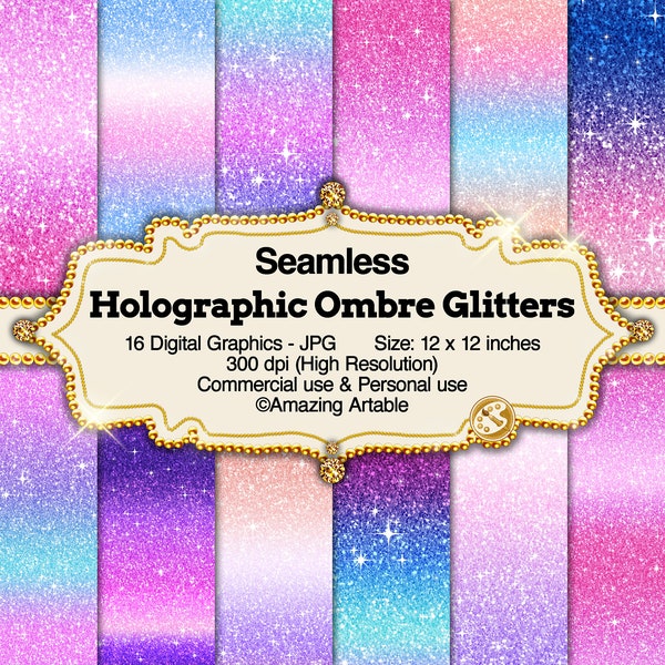 Holographic Ombre Glitters : papier irisé chatoyant sans soudure fond dégradé rose et bleu licorne ciel violet hologramme papier scintillant