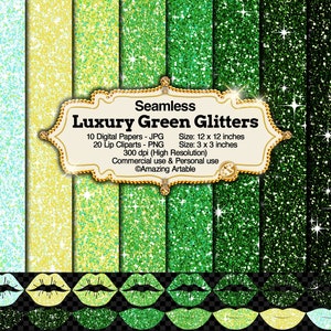 May include: A collection of ten seamless digital papers and twenty lip cliparts featuring various shades of green glitter, ranging from light mint to deep forest green. The central label displays the text Seamless Luxury Green Glitters.
