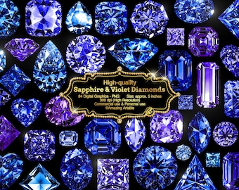 Puede incluir: Una colección de gráficos digitales de diamantes zafiro y violeta en varios cortes y formas sobre un fondo negro. Una etiqueta central con borde dorado muestra el texto: High-quality Sapphire & Violet Diamonds, 84 Digital Graphics - PNG, Size: approx. 5 inches, 300 dpi (High Resolution), Commercial use & Personal use, ©Amazing Artable.