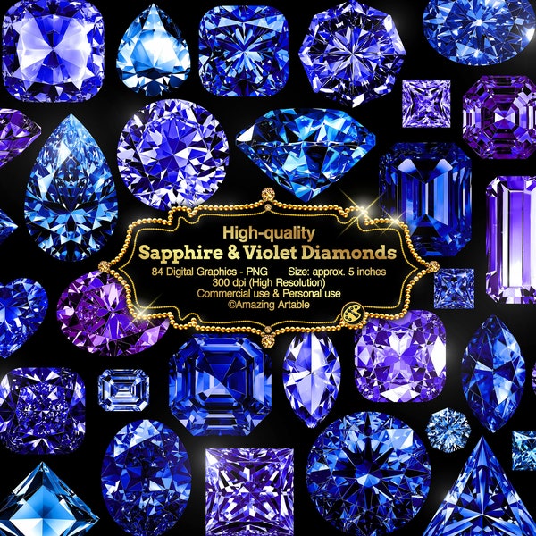Sapphire & Violet Diamonds Clipart: brilliant sapphire gems luxury violet gemstones royal blue diamonds vivid sky blue navy jewel heart PNG