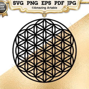 May include: Black geometric design of the Flower of Life, a sacred geometry symbol, on a white and gold background. The image includes text at the top: SVG PNG EPS PDF JPG. A gold badge reads "3 BONUS DESIGN INCLUDED".