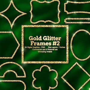Puede incluir: Una colección de veinticuatro marcos de purpurina dorada en varias formas geométricas, incluyendo rectángulos, círculos y estrellas. El marco rectangular central presenta el texto Gold Glitter Frames #2, 24 Digital Graphics - PNG, Size: approx. 7 inches.