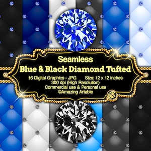 Könnte beinhalten: Digitalgrafik mit einem nahtlosen Muster aus rautenförmigen Steppdesigns in Blau, Schwarz und Weiß. Jedes Quadrat ist 30,48 x 30,48 cm groß und enthält einen rautenförmigen Edelstein. Das Bild enthält auch einen großen blauen Diamanten und einen schwarz-weißen Diamanten.
