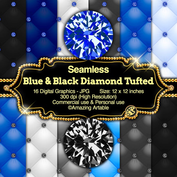 Blue & Black Diamond Tufted Digital Paper: luxury seamless blue quilting texture black white blue tufted paper printable tufted background