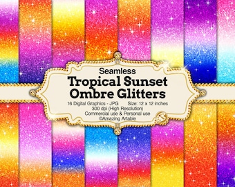 Tropical Sunset Ombre Glitter Seamless Digital Paper: sparkle sunset gradient paper pink and orange glitter paper sky ombre digital download