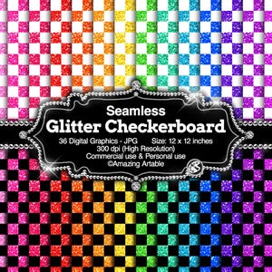 Carta digitale senza soluzione di continuità a scacchiera glitterata: carta digitale a scacchiera glitterata arcobaleno brillante con motivo a scacchi quadrati e sfondo a scacchi