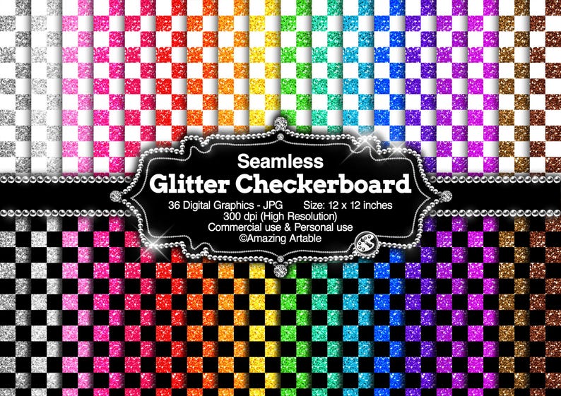 Glitter Checkerboard Seamless Digital Paper: Bright Rainbow Glitter ...