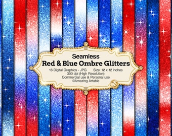 Red and Blue Ombre Glitter Seamless Digital Paper: sparkle red glitter paper blue glitter red gradient paper Fourth of July background