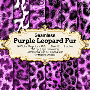Peut inclure: Une collection de 16 graphiques numériques sans couture présentant des motifs de fourrure de léopard violet. L'image comprend une étiquette décorative centrale avec le texte Seamless Purple Leopard Fur, 16 Digital Graphics - JPG, 30,48 x 30,48 cm.