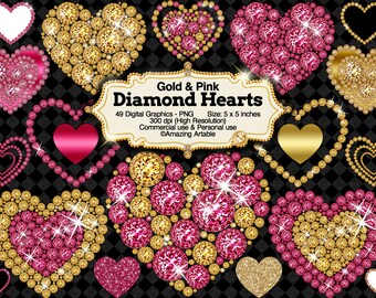 Könnte beinhalten: Eine Sammlung digitaler Grafiken mit goldenen und rosafarbenen Diamantherzen auf schwarz kariertem Hintergrund. Das zentrale Etikett zeigt Gold & Pink Diamond Hearts, 49 Digital Graphics - PNG, Größe: 12,7 x 12,7 cm, 300 dpi, kommerzielle Nutzung.