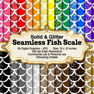 May include: A collection of 36 digital graphics featuring seamless fish scale patterns in various colors, including red, orange, yellow, green, blue, and purple. Each design is 12 x 12 inches and suitable for commercial and personal use. The text "Solid & Glitter Seamless Fish Scale" is displayed.