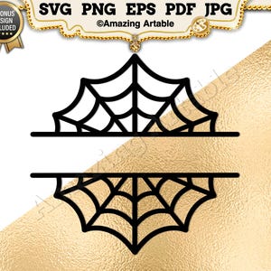 Op de afbeelding: Zwart spinnenwebontwerp met een horizontale lijn voor tekst. De afbeelding bevat de tekst "SVG PNG EPS PDF JPG" en "Amazing Artable". Een gouden zegel met "3 BONUS DESIGN INCLUDED" staat in de linkerbovenhoek.