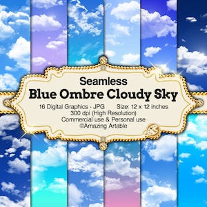 May include: A set of 16 digital graphics showcasing seamless blue ombre cloudy sky patterns. Each graphic measures 30.48 x 30.48 cm and has a high resolution of 300 dpi. Suitable for commercial and personal use.