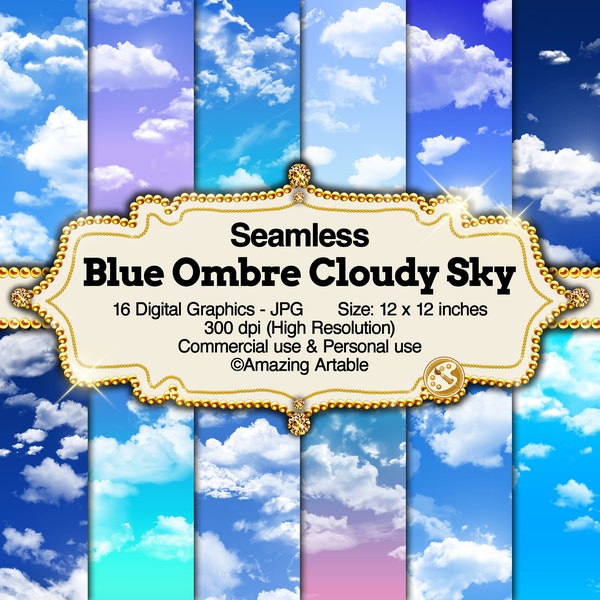 Blue Ombre Cloudy Sky Seamless Digital Paper: blauer Himmel Papier Wolken Papier Galaxie Papier hellblau rosa Papier grau dunkler Himmel Galaxie Hintergrund