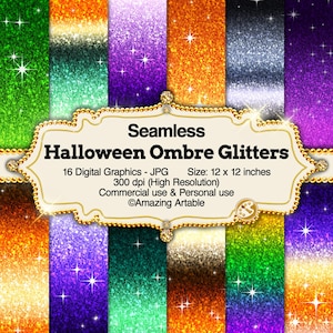 Pode incluir: Uma coleção de 16 gráficos digitais sem costura com brilhos degradê de Halloween em várias cores, incluindo roxo, laranja, verde e preto. O texto diz Seamless Halloween Ombre Glitters, 16 Digital Graphics - JPG, 30,48 x 30,48 cm.