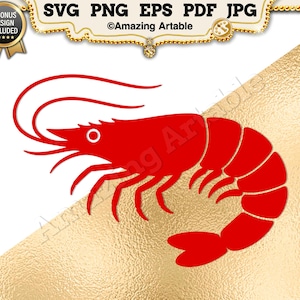 May include: A bright red graphic illustration of a shrimp featuring long antennae and a segmented tail. The design is presented against a white and gold textured background with text at the top reading SVG PNG EPS PDF JPG and Amazing Artable.