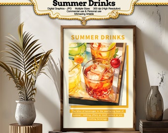 Summer Drinks Digital Print #4: printable lemon drink wall art print summer holiday digital poster watercolor digital print instant download