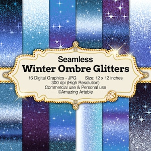 Op de afbeelding: Een digitale kunstcollectie met zestien naadloze winter ombre glitter ontwerpen. Elk ontwerp toont gradiënten van blauw en paars met sprankelende glittereffecten en steraccenten. De tekst "Seamless Winter Ombre Glitters" is inbegrepen.