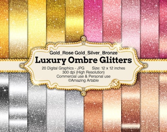 Luxus Ombre Glitter Seamless Digital Paper: gold glitzerndes digitales Papier, roségold metallic silber mit Farbverlauf auf kupferfarbenem Hintergrund