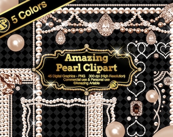Amazing Pearl Frame Clipart: 5 colors luxury pearl overlays vintage pearl frame png pearl & diamond gold jewel pearl border pearl corner A4