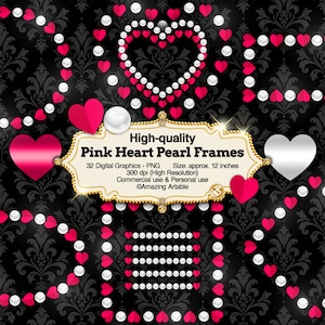 Rosa Herz Perle Rahmen Clipart: Luxus Perle Clip Art runder Fotorahmen Clipart quadratischer Bilderrahmen Grafik Rokokorahmen Herzrand