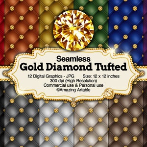 May include: A collection of twelve seamless digital graphics featuring a diamond tufted pattern in various colors, each accented with gold glitter buttons. A central label displays the text Seamless Gold Diamond Tufted, 12 Digital Graphics - JPG, Size: 12 x 12 inches, 300 dpi (High Resolution), Commercial use & Personal use, and ©Amazing Artable.