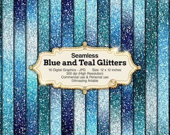 May include: A digital graphic background featuring vertical stripes of blue and teal glitter textures. A central cream-colored ornate label displays the text: Seamless Blue and Teal Glitters, 16 Digital Graphics - JPG, Size: 12 x 12 inches, 300 dpi, Commercial use & Personal use, ©Amazing Artable.