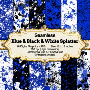 Puede incluir: Un conjunto de 16 gráficos digitales con patrones de salpicaduras sin costuras en azul, negro y blanco. Cada diseño mide 30,48 cm x 30,48 cm a 300 ppp. El texto de la imagen dice "Blue & Black & White Splatter". Uso comercial y personal.