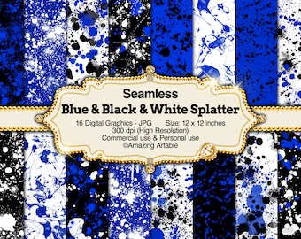Blue & Black Paint Splatter Seamless Digital Paper: blue neon splatter black and white paintball blue watercolor splatter texture ink splash