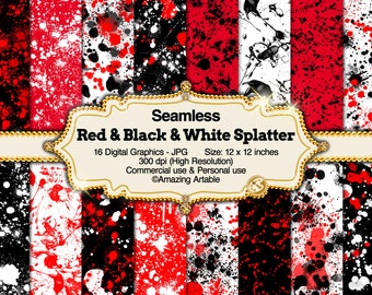 Red & Black Paint Splatter Seamless Digital Paper: black and white splatter digital paper red and black splatter ink paintball graffiti art