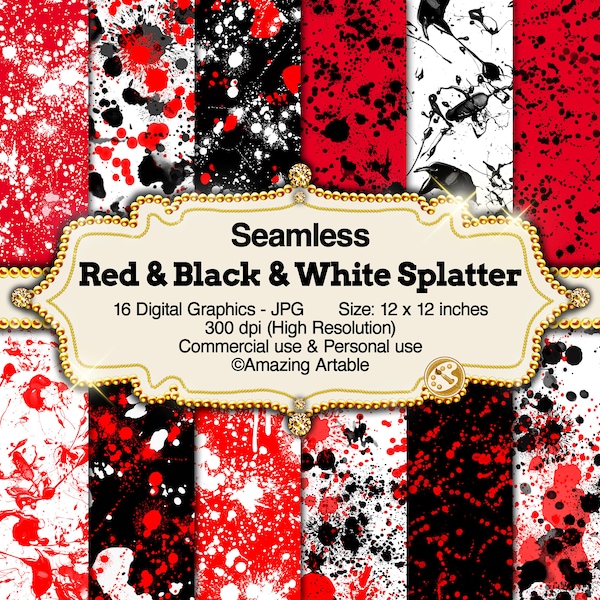 Red & Black Paint Splatter Seamless Digital Paper: black and white splatter digital paper red and black splatter ink paintball graffiti art