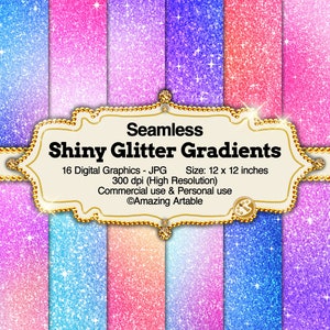 Könnte beinhalten: Eine Sammlung von sechzehn nahtlosen, glänzenden Glitzerverläufen in verschiedenen Farben wie Pink, Blau und Lila. Ein zentrales dekoratives Etikett enthält den Text Seamless Shiny Glitter Gradients, 16 Digital Graphics - JPG, Size: 12 x 12 inches.