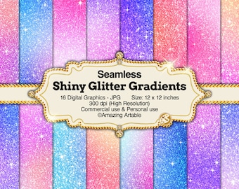 May include: A collection of sixteen seamless shiny glitter gradients in various colors including pink, blue, and purple. A central decorative label features the text Seamless Shiny Glitter Gradients, 16 Digital Graphics - JPG, Size: 12 x 12 inches.