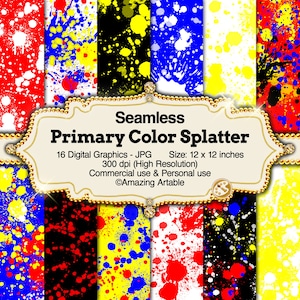 May include: A collection of 16 digital graphics featuring seamless primary color splatter designs. Each design showcases a unique pattern of red, yellow, blue, and white paint splatters on various backgrounds. The image includes the text "Seamless Primary Color Splatter". Each graphic is 12 x 12 inches.