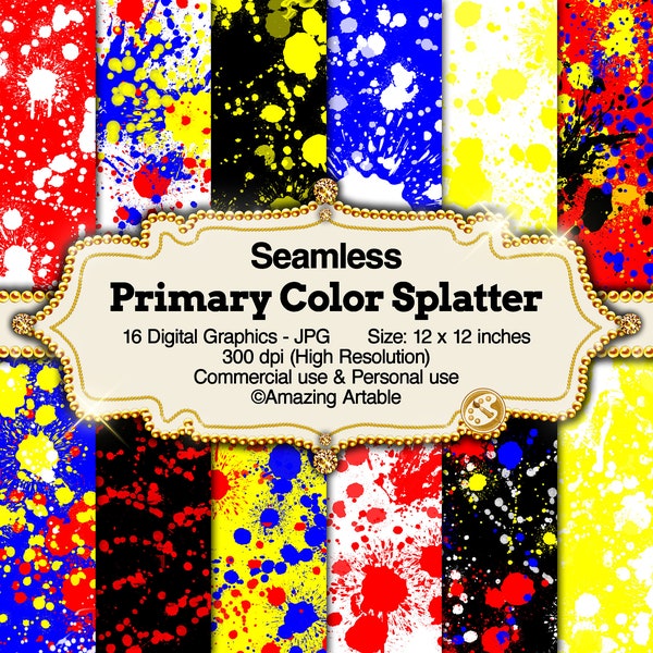 Primary Color Splatter Seamless Digital Paper: red yellow blue paint splatter black white ink paintball splatter watercolor graffiti art