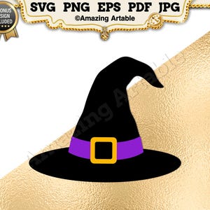 May include: A black witch hat graphic featuring a purple band and a yellow square buckle. The digital file includes the text SVG PNG EPS PDF JPG and Amazing Artable at the top, with a 3 bonus design included badge on the left side.