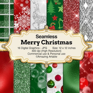 Merry Christmas Digital Paper: seamless luxury Christmas background silver glitter paper foil bokeh paper holiday gift Christmas pattern red
