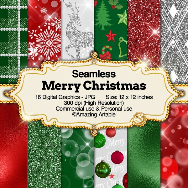 Merry Christmas Digital Paper: seamless luxury Christmas background silver glitter paper foil bokeh paper holiday gift Christmas pattern red