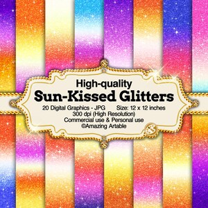 Può includere: Una collezione di venti grafiche digitali con sfumature verticali di texture glitterate arancioni, viola, rosa e gialle. Un'etichetta centrale color crema mostra il testo: High-quality Sun-Kissed Glitters, 20 Digital Graphics - JPG, Size: 30,48 x 30,48 cm, 300 dpi (High Resolution), Commercial use & Personal use, Amazing Artable.