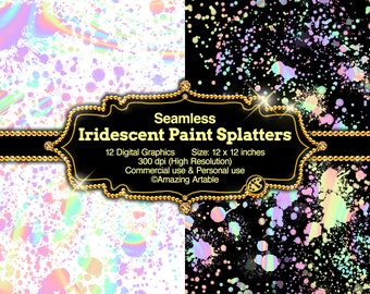 Iridescent Paint Splatters: seamless iridescent paint splatters digital paper holographic paintball spatters rainbow splatters colorful dot