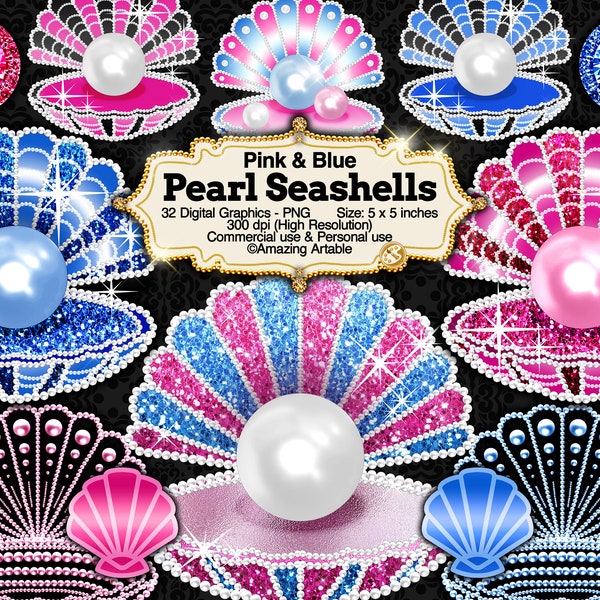 Pearl Seashell Clipart: luxury pink and blue seashell glitter diamond seashell metallic pink shell silver aquatic clipart summer sea ocean