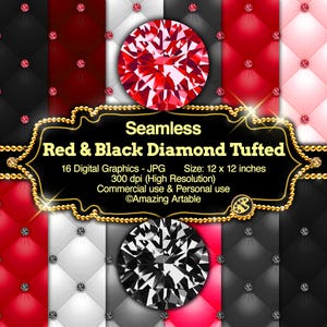 May include: A collection of 16 seamless digital graphics featuring a diamond tufted pattern in shades of red, black, white, and pink, accented with small gems. The text reads: Seamless Red & Black Diamond Tufted, 16 Digital Graphics - JPG, Size: 12 x 12 inches, 300 dpi (High Resolution), Commercial use & Personal use, ©Amazing Artable.